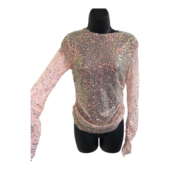 Sans Souci Pink‎ Sequin sheer mesh iridescent shirred side and sleeve top size M - Picture 9 of 11